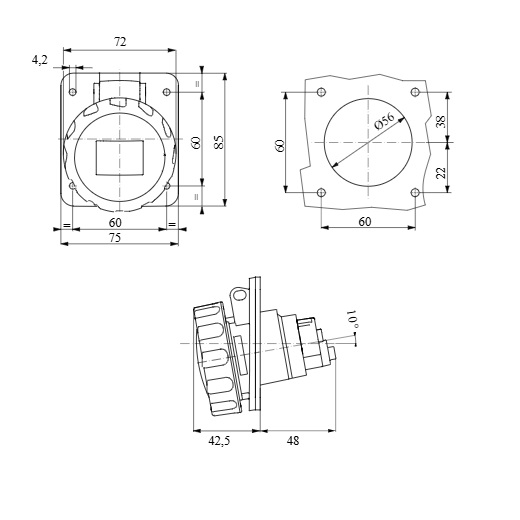 جيوس, بريزة صاروخ تثبيت على اللوحة زاوية 10 درجة, موديل GW62227H , بقدرة 16 امبير 220-250 فولت, 2P+E, , IP67 - الصورة 2