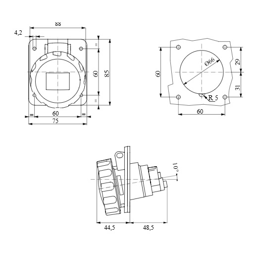 جيوس, بريزة صاروخ تثبيت على اللوحة زاوية 10 درجة, موديل GW62232H , بقدرة 16 امبير 380-415 فولت, 3P+N+E, , IP67 - الصورة 2